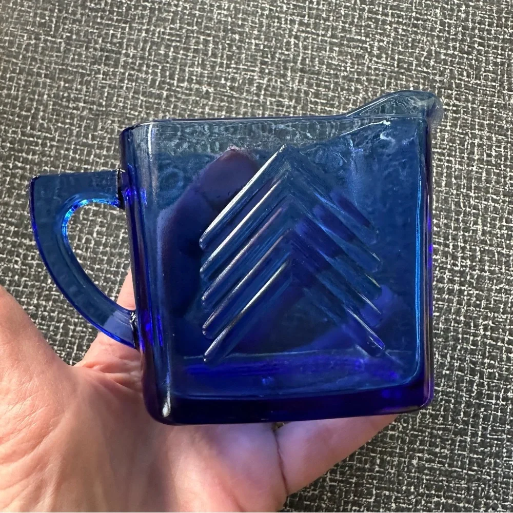 Vintage Hazel Atlas Chevron Cobalt Blue Creamer and Sugar Set